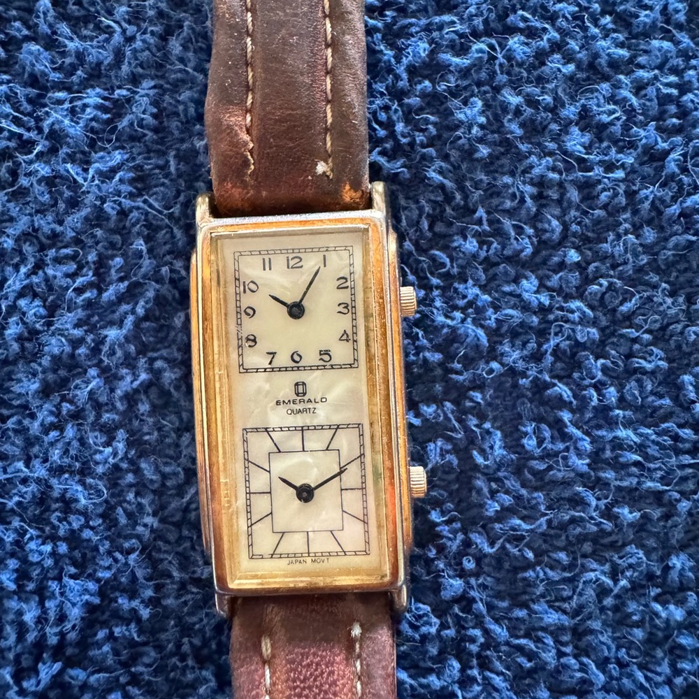 Brown Leather Strap Watch with Dual Dials